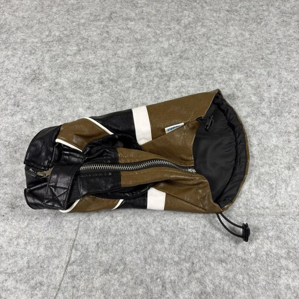 Mookie Pet Black & Brown Faux Leather Zip Up Moto Racing Jacket For Dogs / Cats
